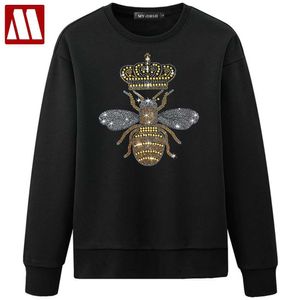 Coroa as abelhas Suéter Bee Impresso Crewneck Coberna Mulheres Vegan Cristal Diamante Pullover Quente Fix Rhinestone Lady Tamanho Grande X0721