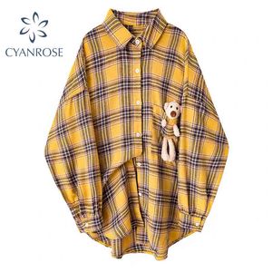 Women Blouses Turn-down Collar Autumn Shirts Plaid All-match Casual sleeve Loose Outwear Harajuku Female 4 Colors Chic Tops 210417