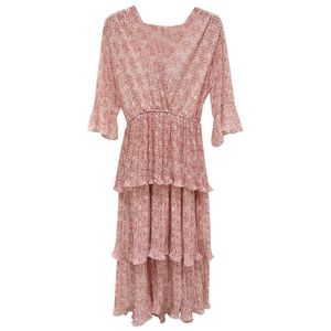 Talvez U Rosa Luz Verde Chiffon Floral Impressão V Neck Sash Luva Flare Manga Cascate Ruffle Bolo Midi Vestido Doce Verão D1425 210529