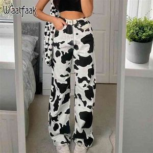 Vaca animal impresso branco y2k calças de brim baggy vintage 90s bolsos patchwork straigh calças de cintura alta streetwear harajuku 210629