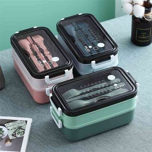 Kunststoff Doppelschicht Bento Lunch Box Schule Kinder Büroangestellte Microwae Heizung Mittagessen Container Lebensmittel Lagerung Küche Zubehör 210925