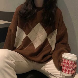 Argyle Sweater Women Winter Knitted Sweater Warm Pullovers Female Loose knit Sweater Geometric Pattern Oversized Ladies Tops X0721