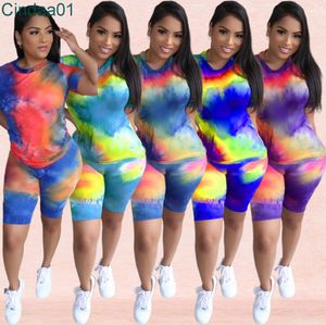 Kvinnor Tracksuits Designer Jogging Suit T-shirt Hem Tie Dye Sommar Två Kvinnor 2 Piece Short Sets Outfits