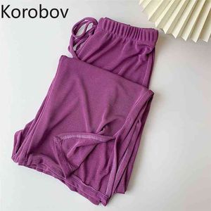 Korobov Nova Chegada Verão Mulheres Legais Pants Estilo Preppy Cintura alta Split Calças Casuais Vintage Lacing Mulheres Calças 210430