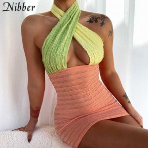 Nibber Criss Çapraz Halter Kadınlar Için Ekleme Elbiseleri Seksi Backless 2021 Yaz Aktif Streetwear Sıska Ince Parti Mini Elbise Y0726