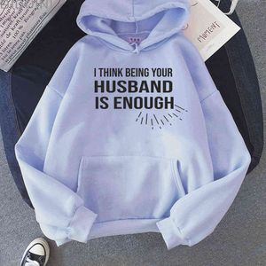 Jag tror att vara din man är tillräckligt text print plus storlek hoodies män streetwear vår / höst unisex par kläder kärlek casual y0820