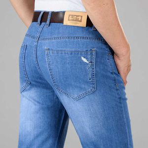 Spring and Summer Men's Light Blue Thin Jeans Business Fashion Casual Stretch Straight Denim Pants Male Brand Trousers 210622