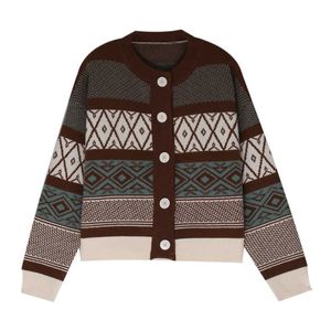 PERHAPS U Women Short Thin Sweater Knitted O Neck Crew Neck Cardigan Button Blue Gray Brown Geometric Outwear Autumn M0258 210529