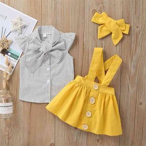 Summer Style Children Sets Casual Sleeveless Single Breasted Dot Tops Yellow Solid Skirt Bow Headdress Child Clothes 210629