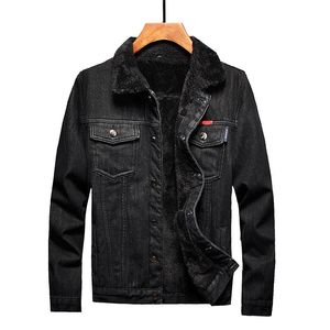 Herrenjacken 2021 Winter Warme schwarze Jeansjacke Fleece verdicken Windjacke Pelzkragen Cowboy Mode Baumwolle Jean Oberbekleidung Mäntel M-5XL