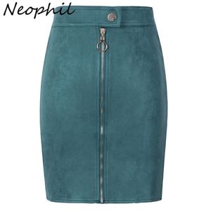 Neophil Women Suede Mini Pencil Skirts Female Vintage Style Summer Front Zipper Button Ladies Short Tutu Saia S1911 210621