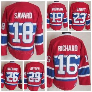 Men Vintage Retro Ice Hockey 16 Henri Richard Jersey 18 Serge Savard 19 Larry Robinson 23 Bob Gainey 26 Mats Naslund 4 Jean Beliveau 1