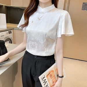 Women s Blouses Shirts Chinese Traditional Tops Mandarin Collar Tang Coat Soft Satin Style Shirt Summer Cotton Casual Short Sleeve Bl