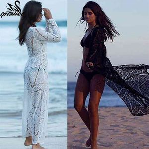 Long Crochet Beach Cover Up Robe de Plage Baddräkt Saida Praia Longa Kvinnor Badkläder Tunika för 210722