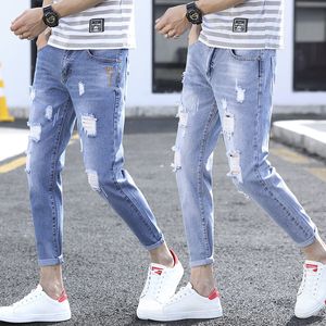 Men's summer jeans broken hole straight-leg pants All-match slim fitted trend nine-point trouser hollow out patchwork Denim boys washed Pencil Pant XXS-4XL