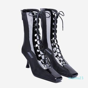 Stövlar 2021 Vårnät Kvadratiska Toe Kvinnor Lace Up Hollowe High Heels Ankle Fashion Summer Sexiga Damskor Sapato Feminin