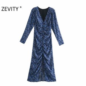 Zevity Mulheres Vintage Vintage Vintage Pescoço Impressão de camisa plissada senhoras manga comprida de volta zíper vestido chique vestidos DS4516 210623