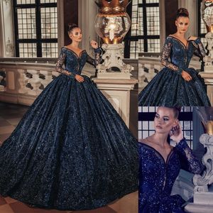 Mörk Navy Sequined Ball Gown Evening Dresses Off Shoulder Långärmad Lace Appliques Prom Gowns Sweep Train Beads Party Robe de Mariée