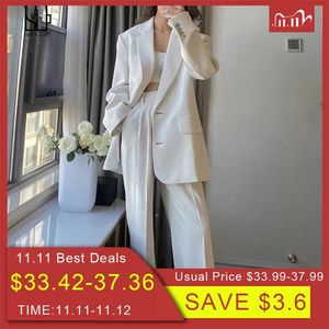 Luck A Frauen Büro Weiß Rosa Anzug Zweiteiliger Hosenanzug Eleganter Blazer Weibliches Set Casual Lose Hosen Jacke Arbeitskleidung 211109