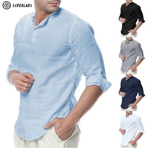 Siperlari Mäns Långärmad T-shirts Bomull Linen Casual Andningsbar Bekväm skjorta Mode Stil Solid Man Loose Men's 210809