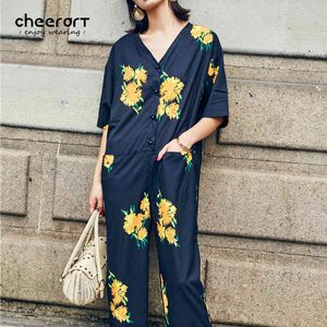 V Neck Black Summer Jumpsuit Long Playsuit Women Yellow Floral Print Loose Ladies Overalls Female Bodysuit 210427