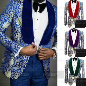 Brand New Designs Black Velvet Floral Printed Suits Men Slim Fit Groom Wedding Prom Dinner Tuxedo Tailored Blazer Pants 2 Piece X0909