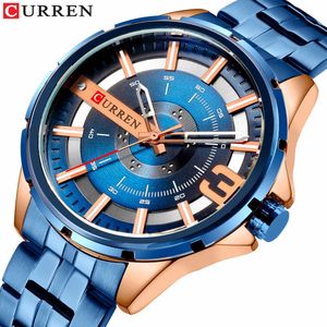 Curren Blueメンズウォッチファッションユニークなデザイン腕時計ステンレススチールバンドクォーツ時計トップブランドラグジュアリーウォッチオスReloj Q0524