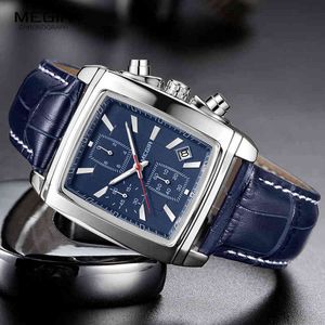 Megir retângulo mostrador de couro cinta relógio para homens casual cronógrafo azul relógios de quartzo homem relógio de pulso montre reloj 211231