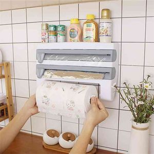 Kitchen Storage Rack Towel Hanger Holder Tin Foil Accessories Cling Film Sauce Bottle Wall Roll Paper 210423