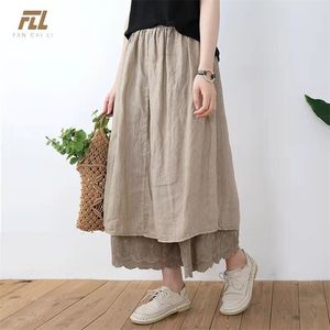 Arrival Summer Arts Style Women Loose Casual Elastic Waist A-line Skirt All-matched Cotton Linen Mori Girl Long W314 210512