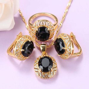 African Women Wedding Gold Color Jewelry Sets For Bridal Costume Black Zircon Earrings And Necklace Pendant Ring 3-Piece Sets H1022