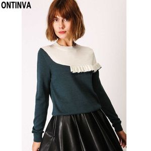 Blue White Contrast Color Ruffles Sweater Woman Casual O Neck Long Sleeve Patchwork Pullovers Tops Wool Knitted Sweaters 210527