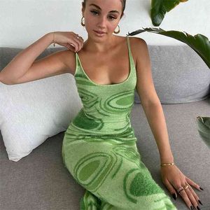 Paisley Print Knit Summer Hollow Out Sexy Strap Long Dress Sleeveless Party Dresses For Women Slim Casual Beach Sundresses 210510