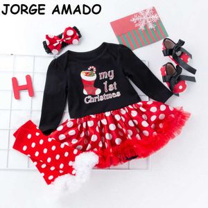 Baby Girl Christmas Sets Dress Bodysuit+Socks +Shoes+Headband Polka Dot Cotton 4pcs Outfits born Clothes YK023 210610