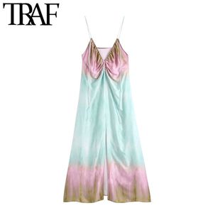 Traf Women Chic Fashion Tie-Dye Print Front Slit Midi Dress Vintage rygglösa tunna remmar kvinnliga klänningar Vestidos Mujer 210415