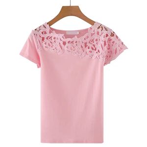 Design branco camiseta camiseta mulheres oca out lace senhoras verão superior mulheres coreanas roupas cor sólida manga curta casual xs