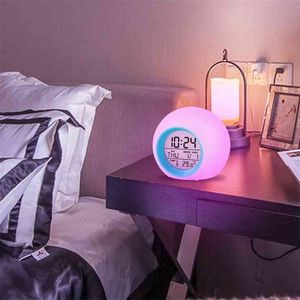Orologio digitale Rilevamento della temperatura Allarme elettronico Moda Luce notturna 7 colori LED Snooze per bambini Sleep Timer s 210804