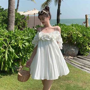 Vit sommar klänning strand mode semester stil blomma ruffles strapless ovanför knä kort mini söt fluffig vestidos femme 210601