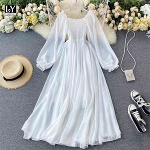 LY VAREY LIN Autumn Women Elegant Holiday Dresses Puff Sleeve Slash Neck Off Shoulder Smocked White Chiffon 210623