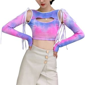 Frauen T-Shirt Tie Dye Print Langarm Rundhals Slim Fit Hollow Out Kleidung Sexy Damen Mode Clubwear Tops 210522