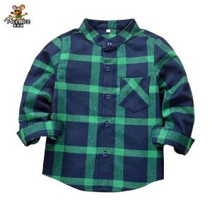 Herbst Kinder Jungen Shirts Mode Plaid Mandarin Kragen Lange Ärmel Für 2-12 Jahre Alte Kinder Tragen Kleidung 210713