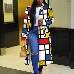 여성 가을 ​​트렌치 코트 블록 컬러 격자 무늬 긴 소매 가을 캐주얼 패션 포켓 겉옷 여성 의류 210416