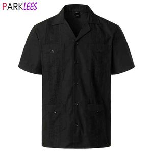 Preto Tradicional Cuba Camp Guayabera Camisas Homens Manga Curta Bordada Solta Praia Casual Camisa de férias com Revere Collar 210522