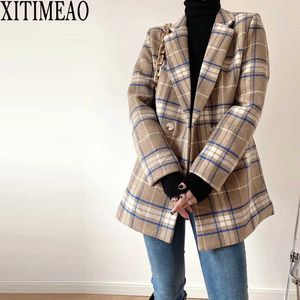 Xitimeao Kvinnor Casual Woolen Coat Blazer Office Lady Plaid Slim Suit Double Breasted Tjockning Ladies Blazers 210604