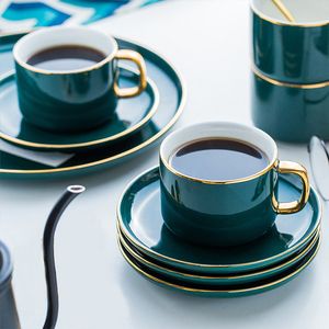 European-Style Luxury Coffee Mug Set Simple Tea Ceramic with Spoon Latte Cup Dark Green