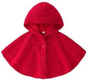 Boże Narodzenie Czerwone Nowonarodzone Dziewczyno dziewczyna Poncho Bawełna ciepłe aksamitne dzianiny Sweter z kapturem płaszcz z łukiem dla dzieci dziewczęta