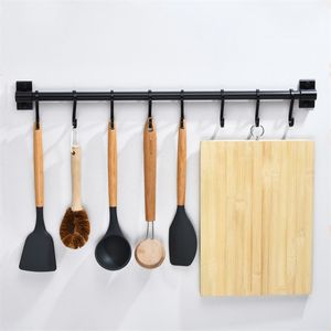 Black Kitchen Hook Rack Wall Mounted Pantry Tool Holder Shelf Aluminum Bar for ware Utensil Storage 210902