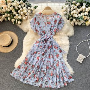 SINGREINY Women Chiffon Floral Dress Korean V Neck Short Sleeve Belt A-line Dress Summer Boho Print Ruffles Beach Short Dress 210419