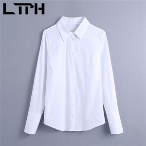 Basit minimalist vintage bluzlar kadınlar beyaz gömlek uzun kollu tek göğüslü şık erkek arkadaş tarzı ilkbahar 210427 Tops