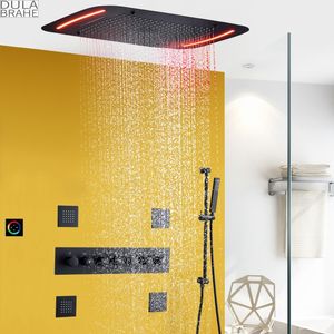 Conjunto de sistema de chuveiro preto fosco termostático de 28 x 17 polegadas grande banheiro atomizador bolha cachoeira chuva com painel de LED torneira mensagem pulverizador corpo jatos